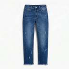 Women's cropped straight leg jeans with distressed details and frayed hems