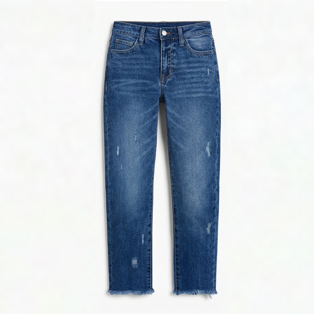 Women's cropped straight leg jeans with distressed details and frayed hems