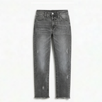 Women's cropped straight leg jeans with distressed details and frayed hems