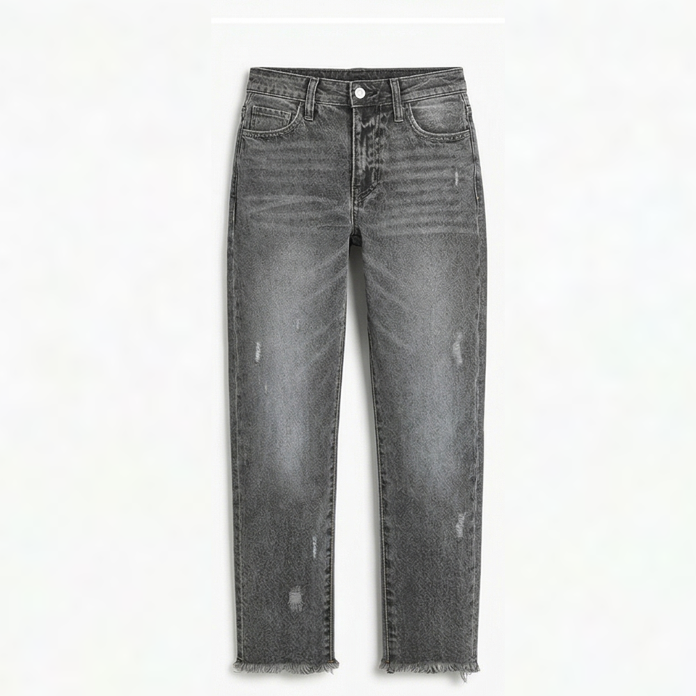 Women's cropped straight leg jeans with distressed details and frayed hems