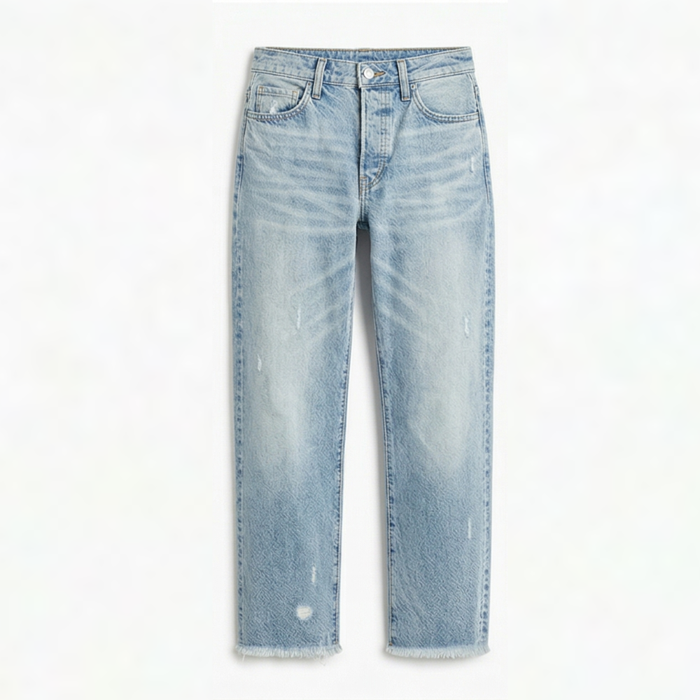 Women's cropped straight leg jeans with distressed details and frayed hems