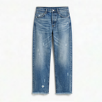 Women's cropped straight leg jeans with distressed details and frayed hems