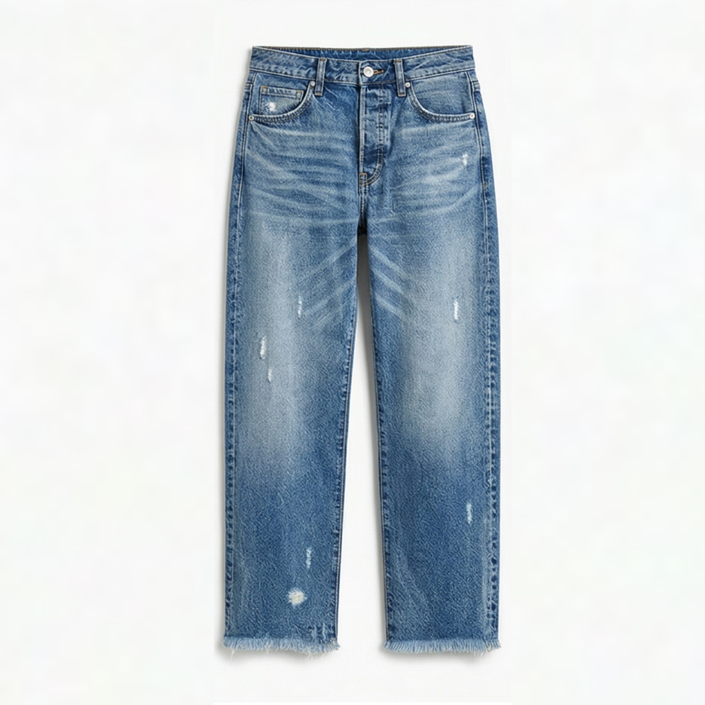 Women's cropped straight leg jeans with distressed details and frayed hems