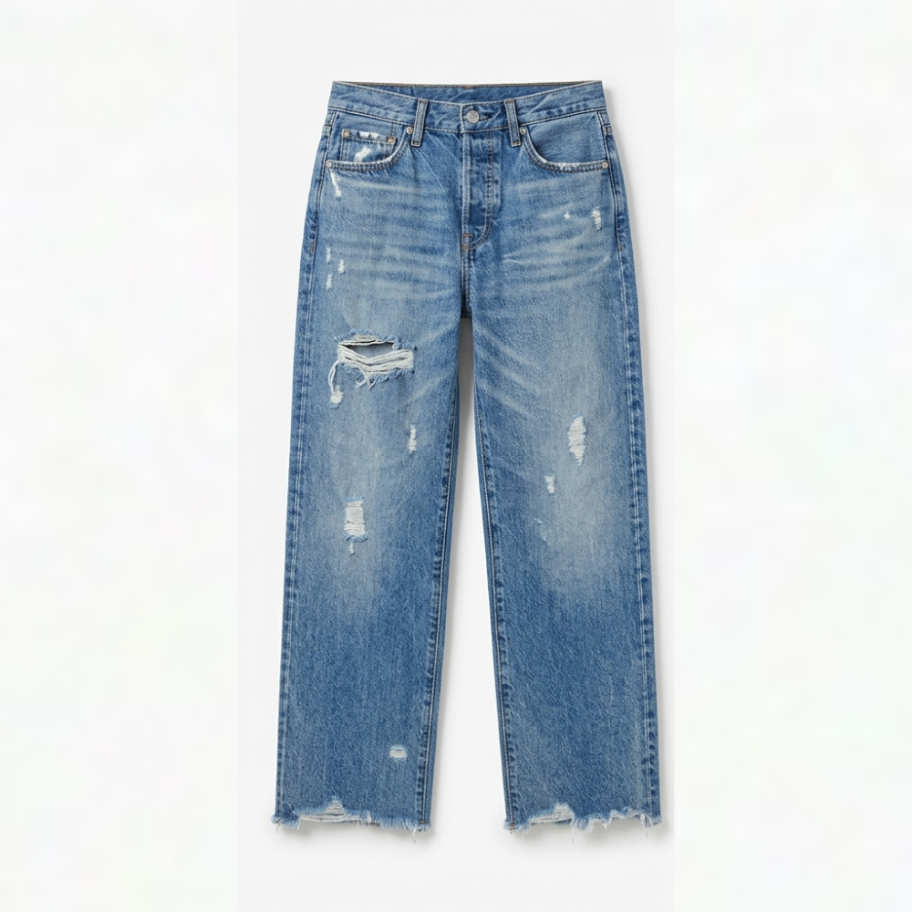 Women's cropped straight leg jeans with distressed details and frayed hems