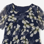 Women's navy floral A-line midi dress with round neckline and short sleeves