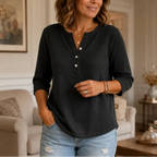 Women's waffle texture Henley top with three-quarter sleeves