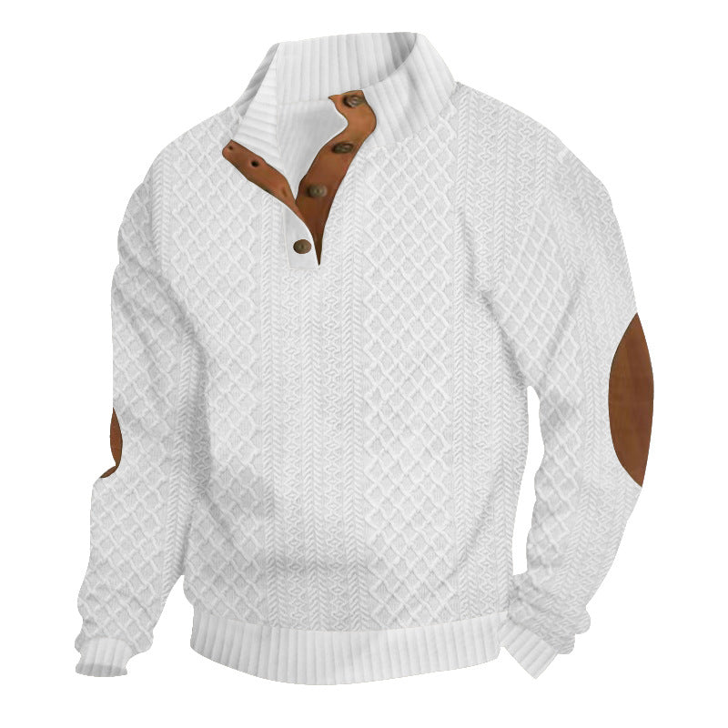 Textured men's knit pullover with high collar and elbow patches