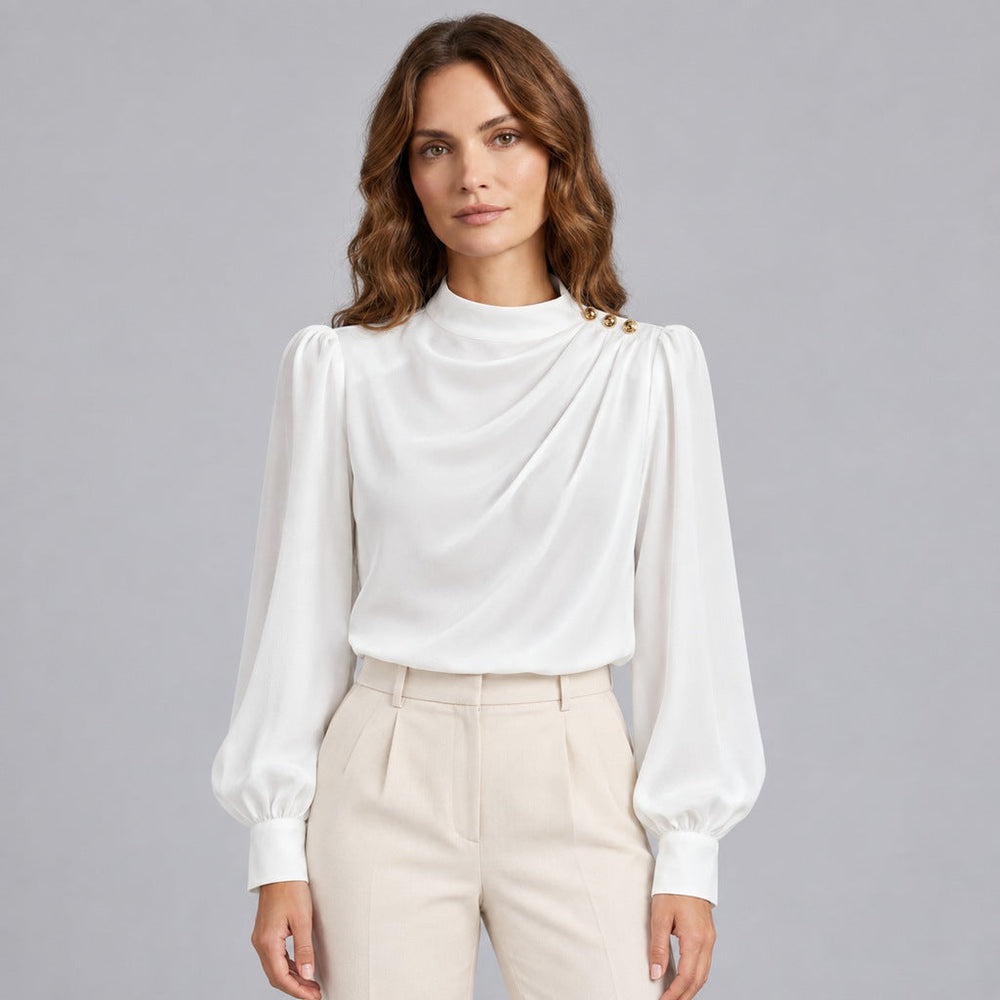 Women's Mock Neck Draped Blouse with Gold-Tone Buttons
