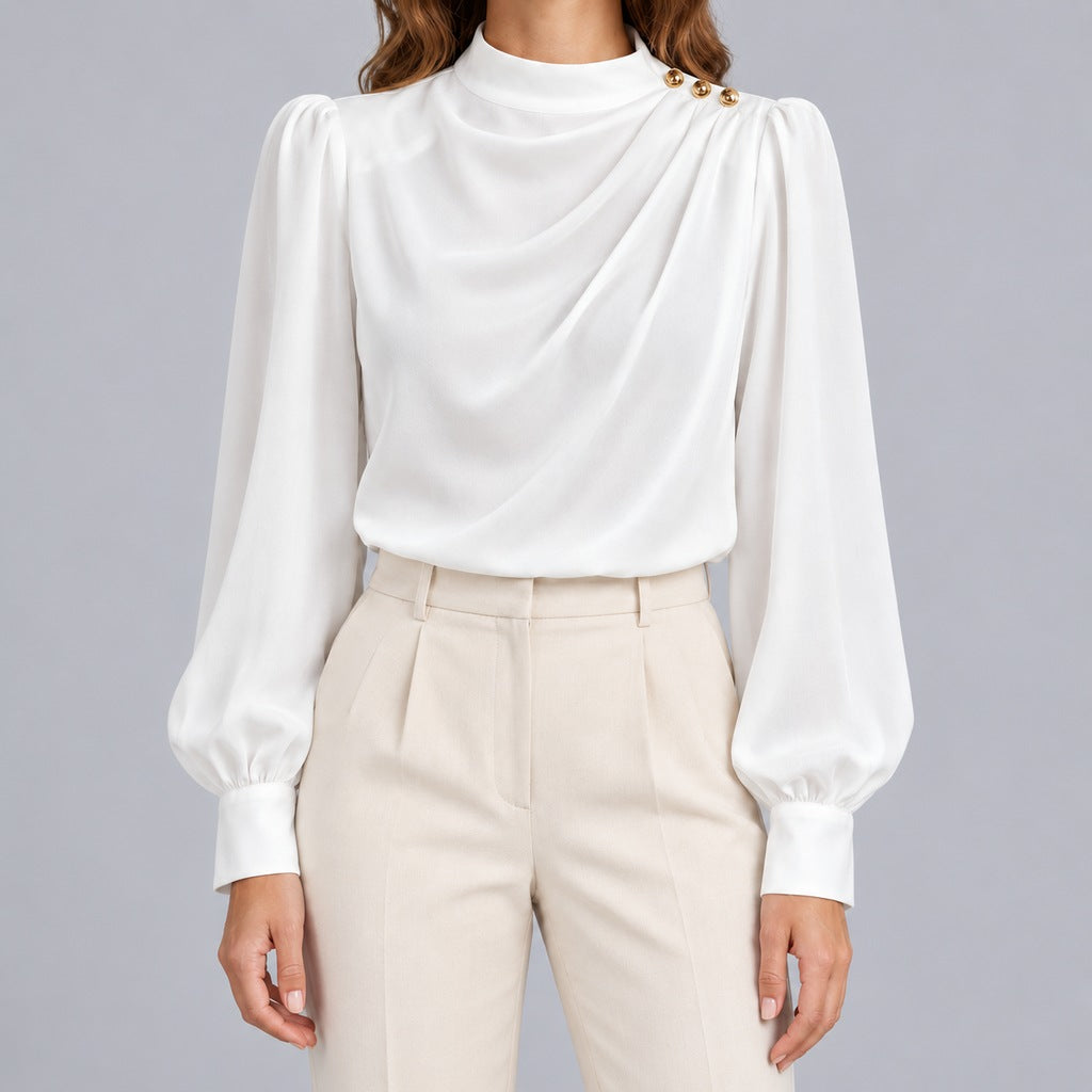 Women's Mock Neck Draped Blouse with Gold-Tone Buttons
