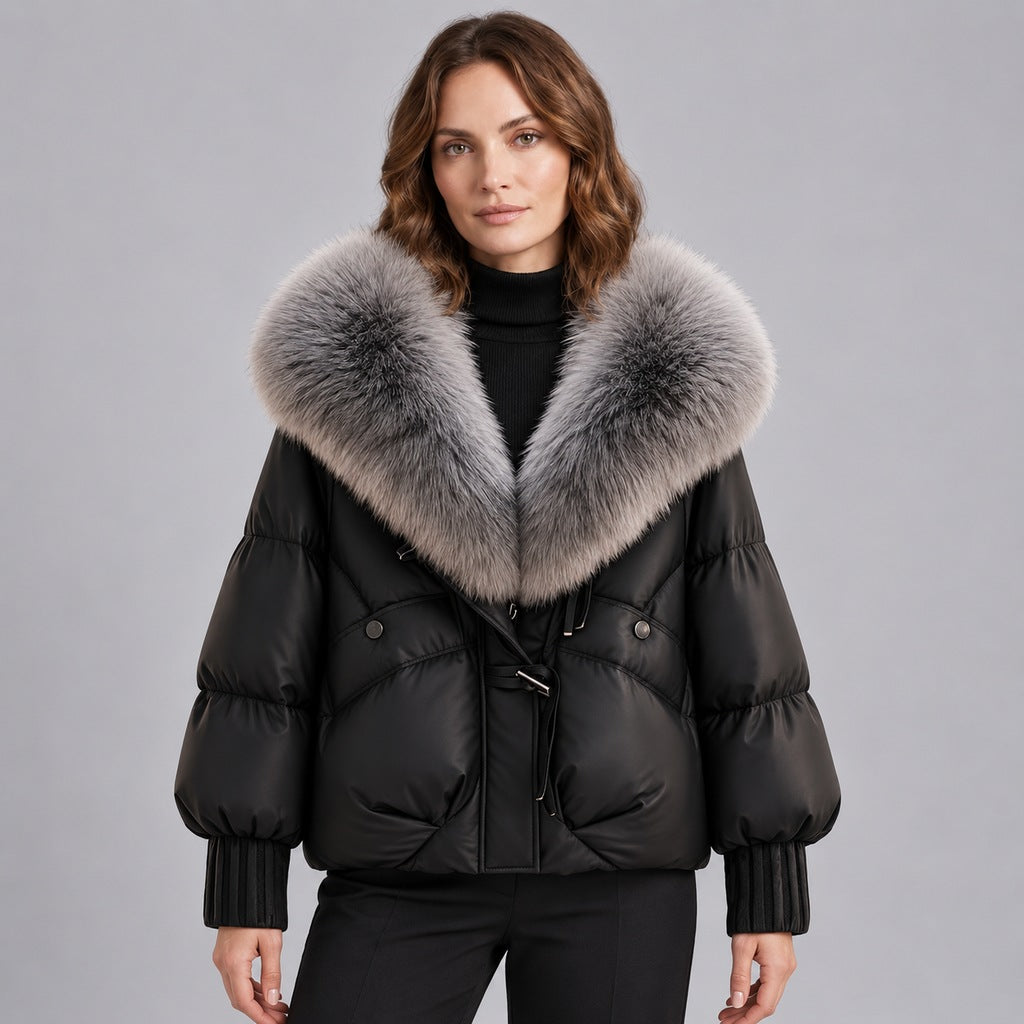 Women's Glossy Puffer Jacket with Faux Fur Collar