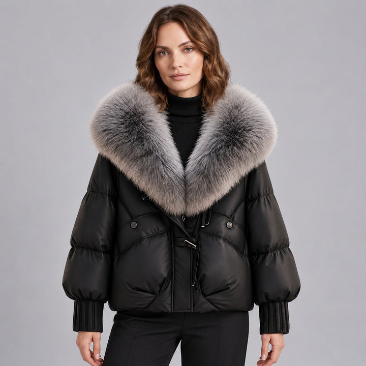 Women's Glossy Puffer Jacket with Faux Fur Collar