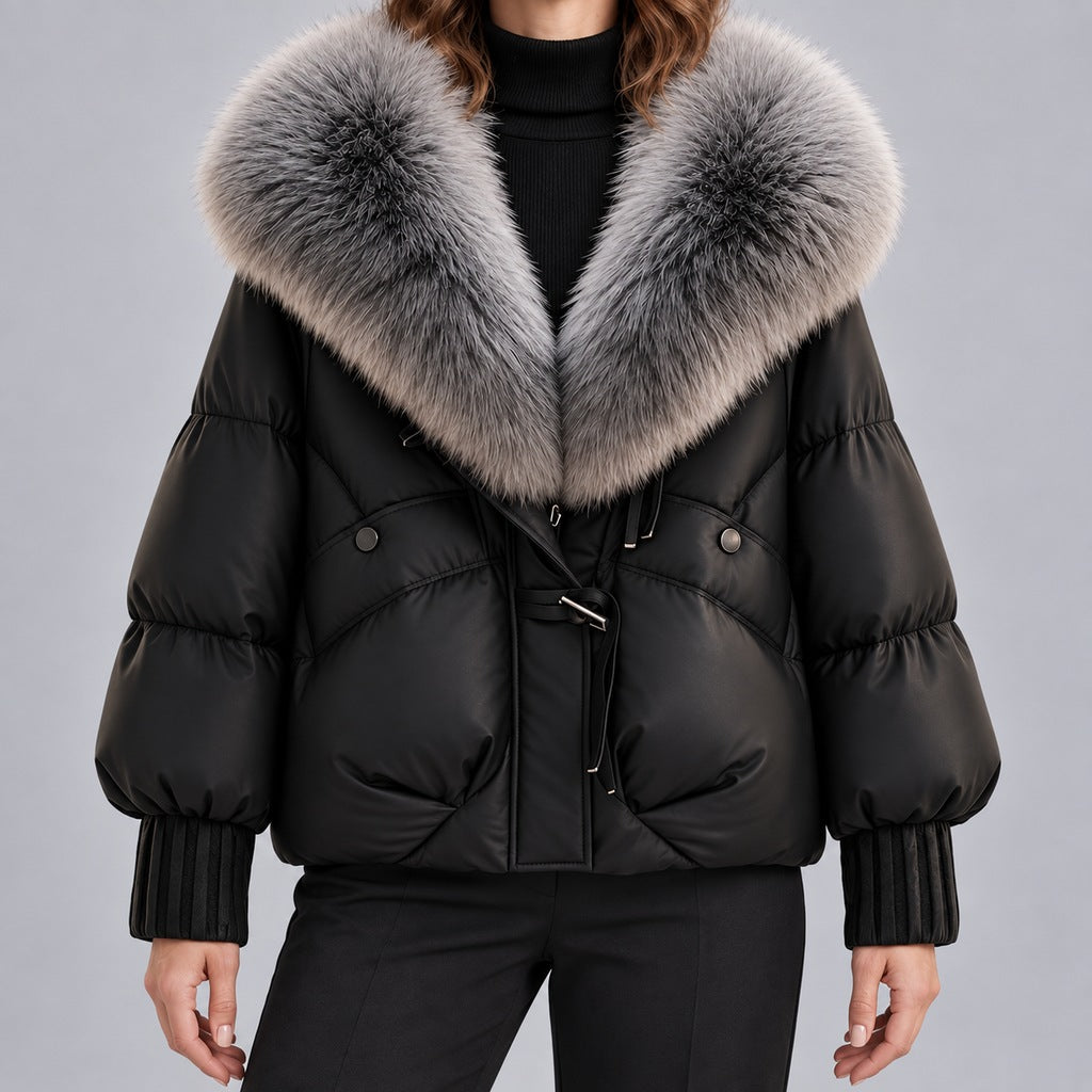 Women's Glossy Puffer Jacket with Faux Fur Collar