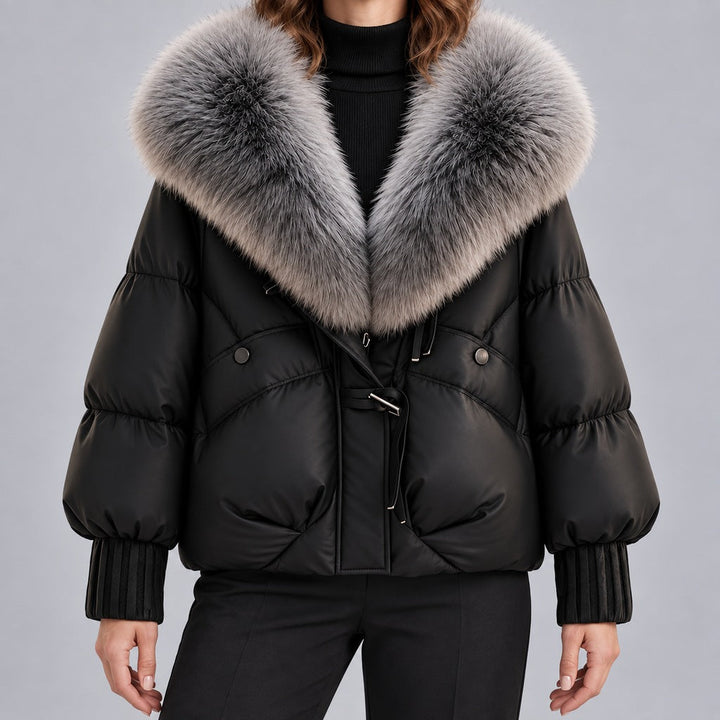 Women's Glossy Puffer Jacket with Faux Fur Collar