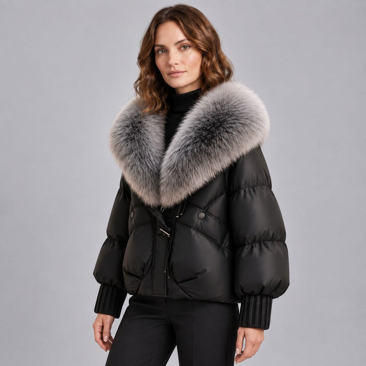 Women's Glossy Puffer Jacket with Faux Fur Collar