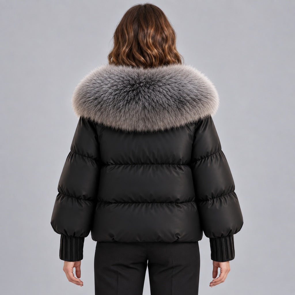 Women's Glossy Puffer Jacket with Faux Fur Collar