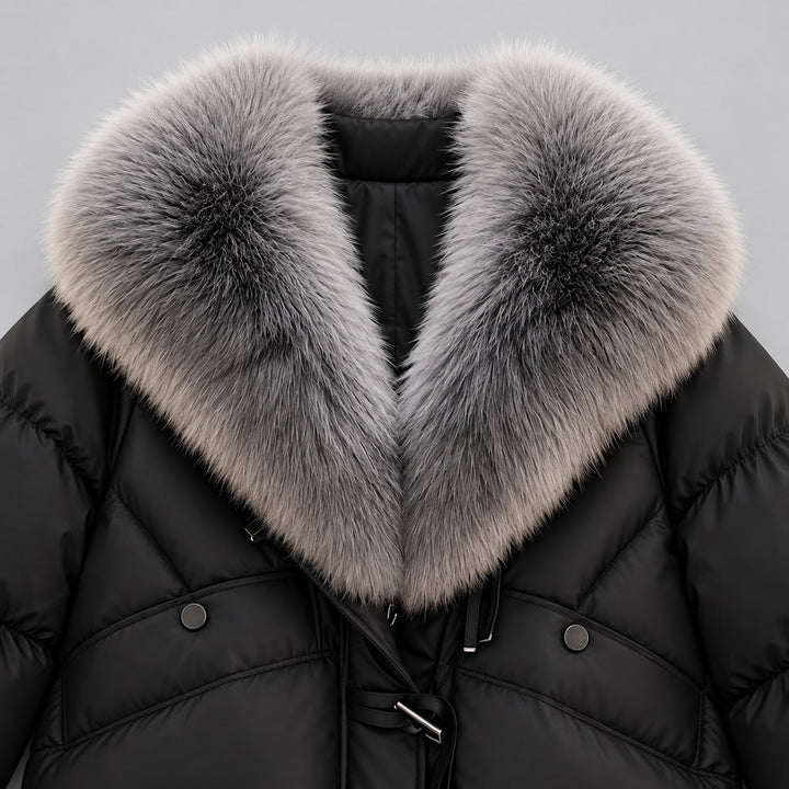 Women's Glossy Puffer Jacket with Faux Fur Collar