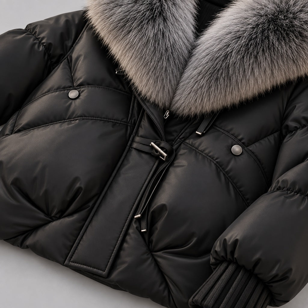 Women's Glossy Puffer Jacket with Faux Fur Collar