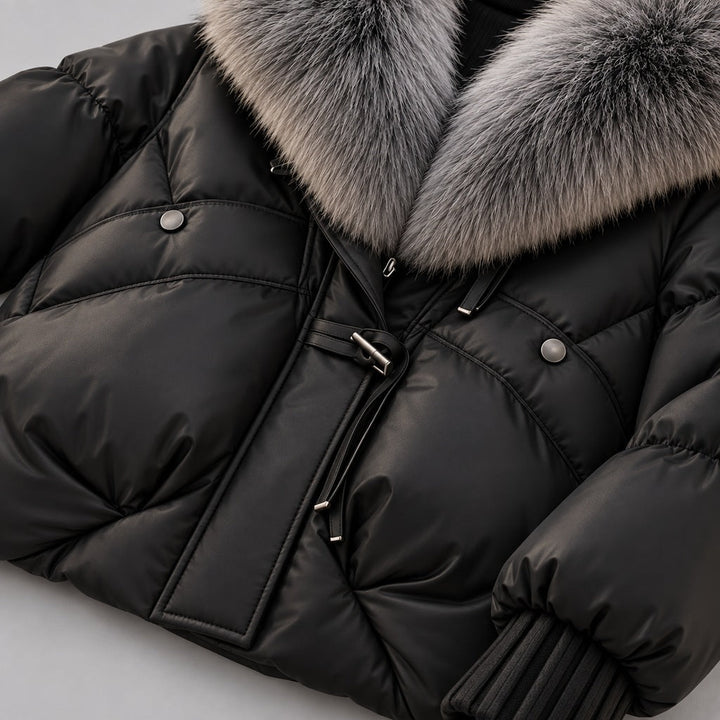Women's Glossy Puffer Jacket with Faux Fur Collar
