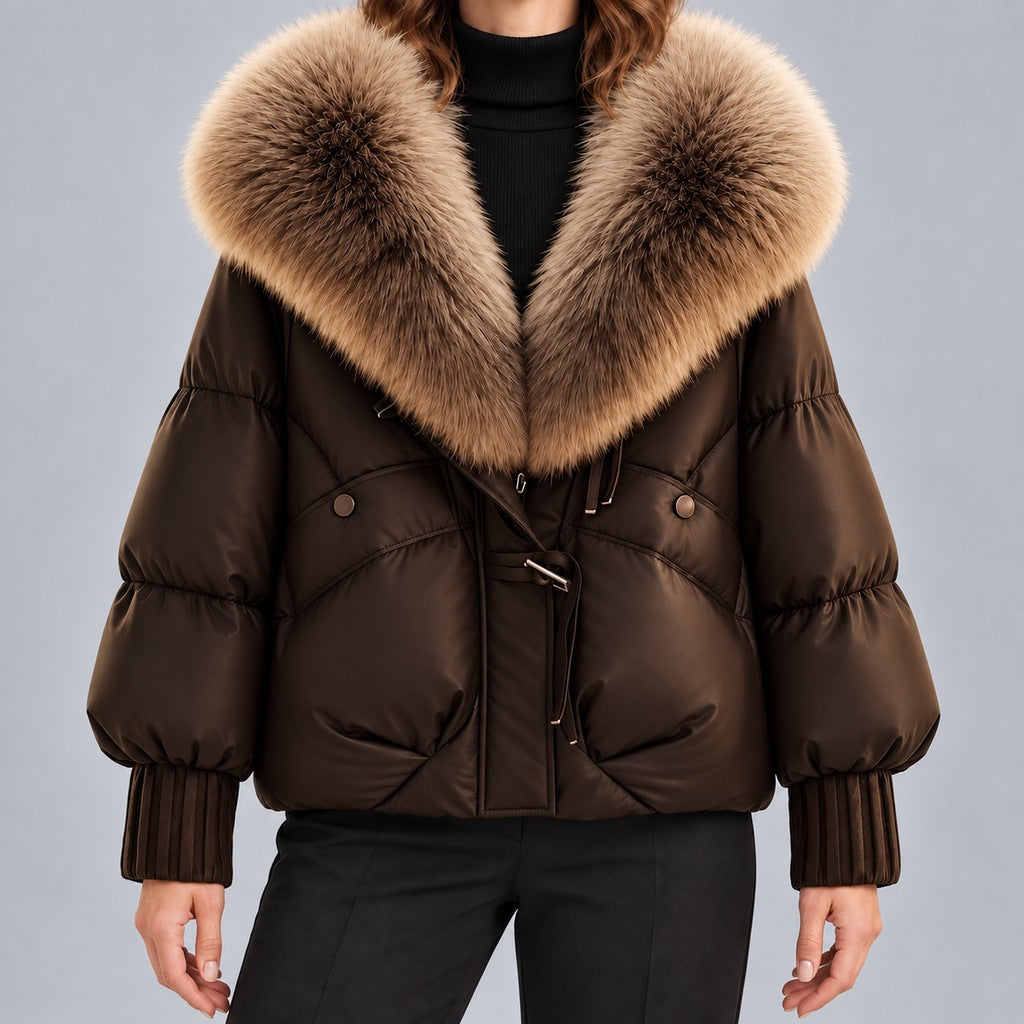 Women's Glossy Puffer Jacket with Faux Fur Collar