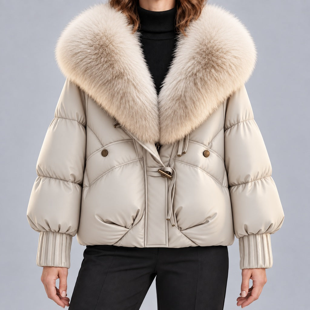 Women's Glossy Puffer Jacket with Faux Fur Collar