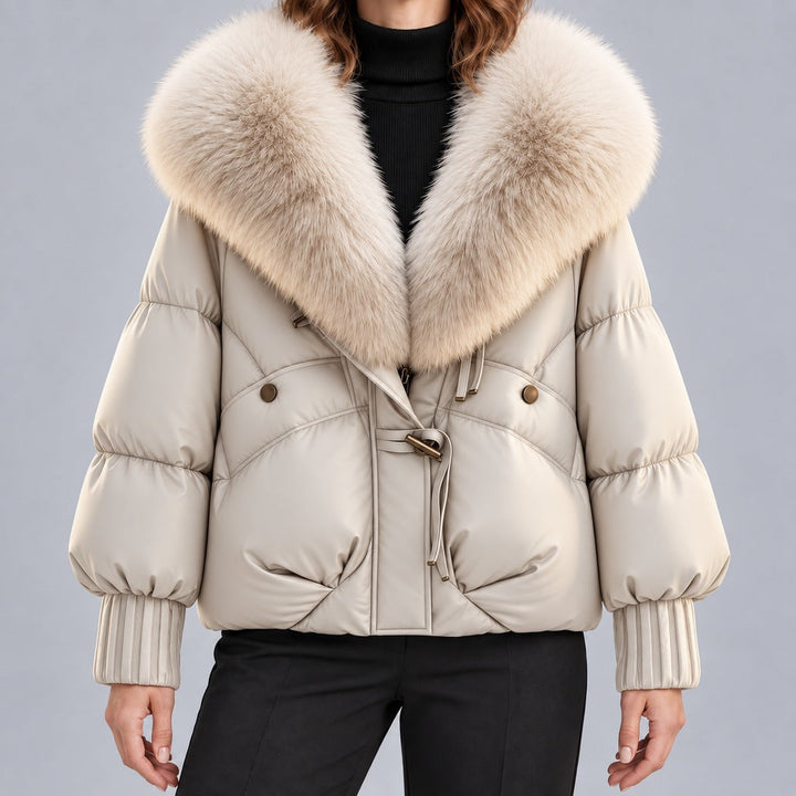 Women's Glossy Puffer Jacket with Faux Fur Collar