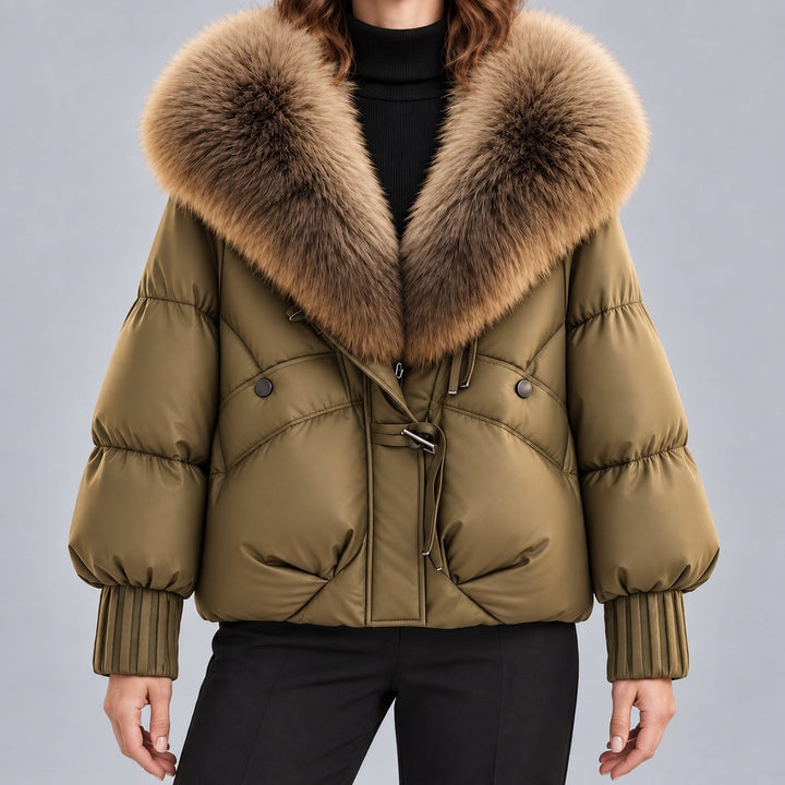 Women's Glossy Puffer Jacket with Faux Fur Collar