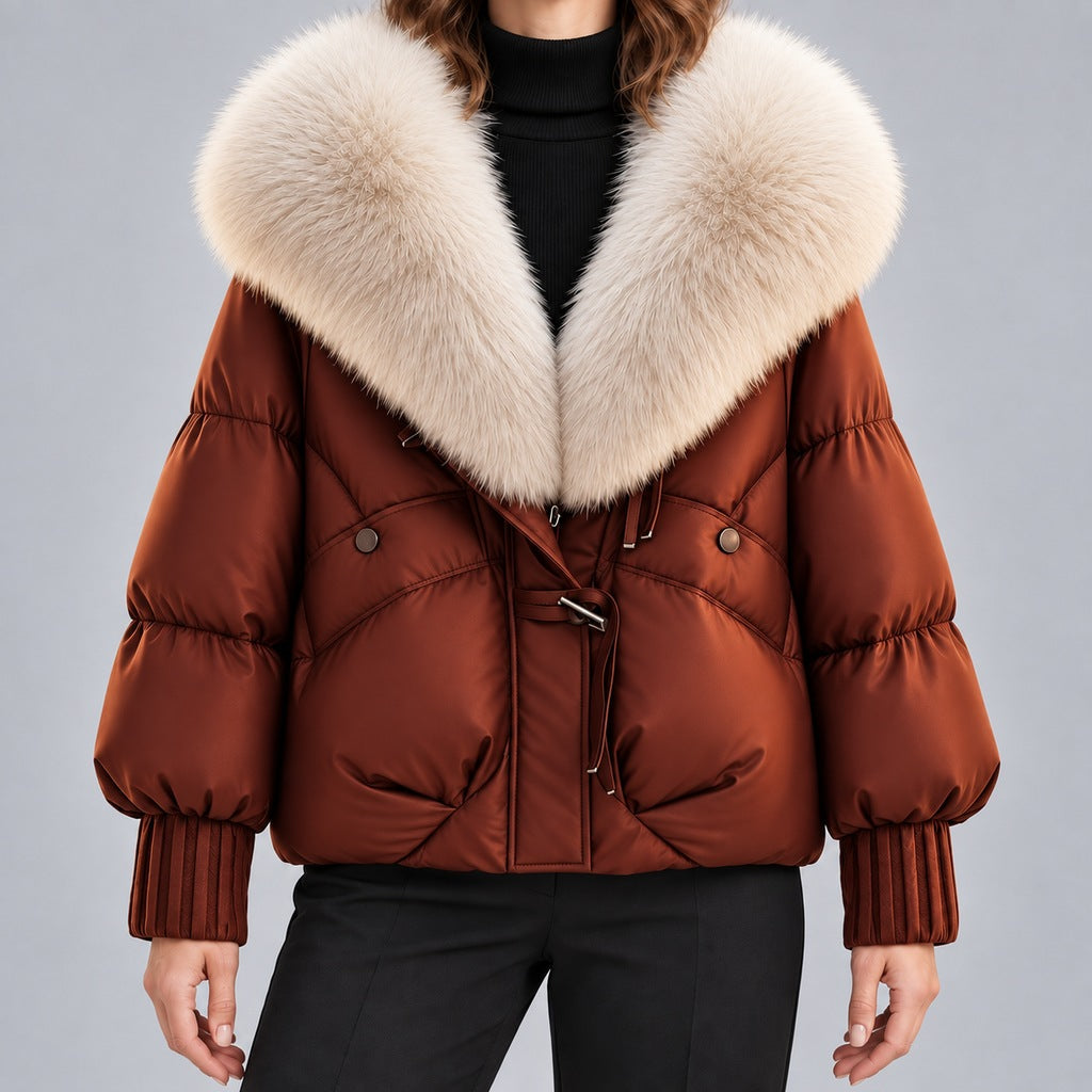 Women's Glossy Puffer Jacket with Faux Fur Collar