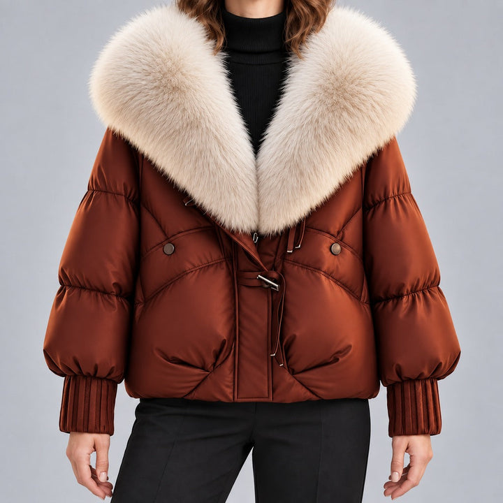 Women's Glossy Puffer Jacket with Faux Fur Collar
