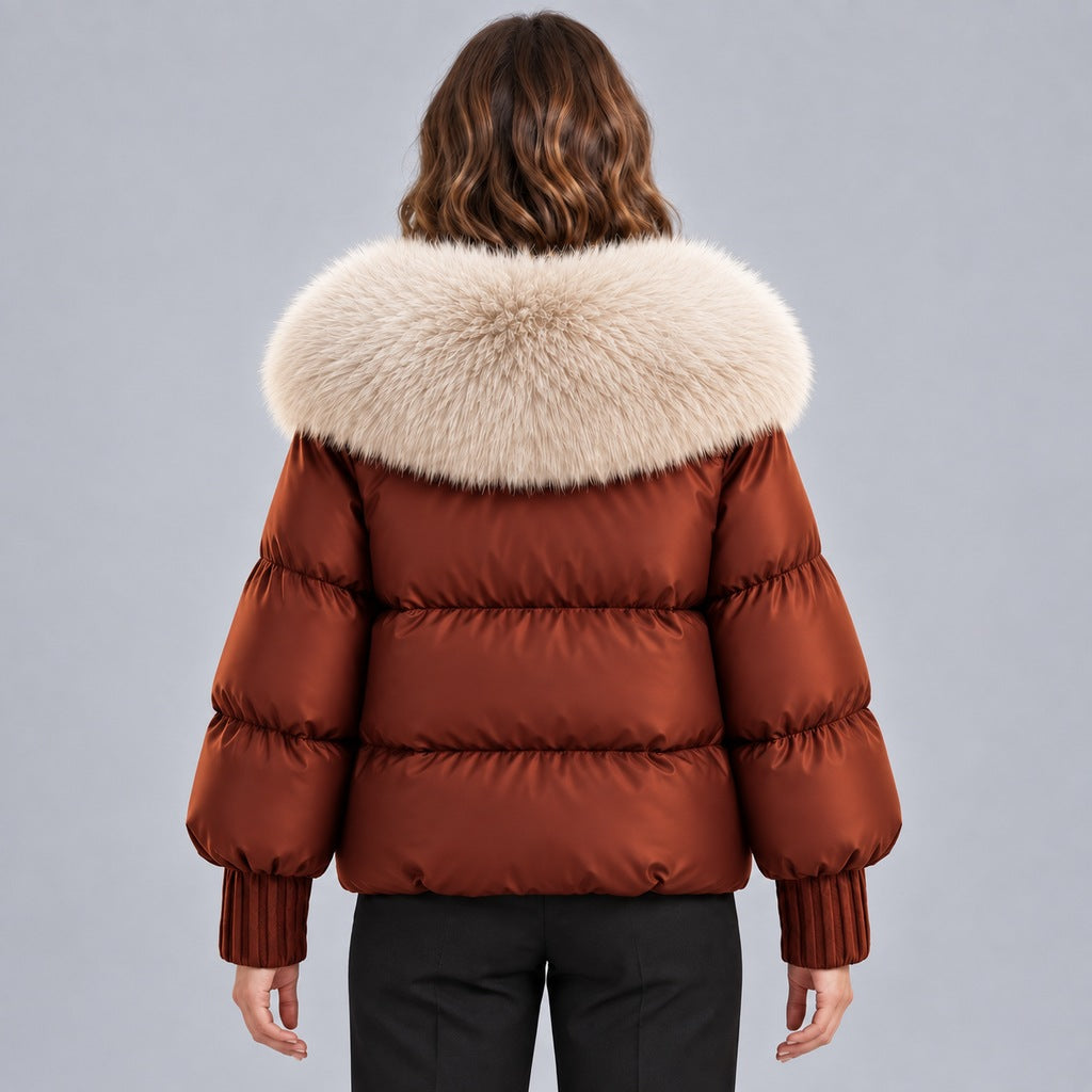 Women's Glossy Puffer Jacket with Faux Fur Collar