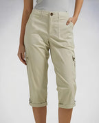 Women's high-waisted cropped cargo trousers with straight legs and multiple flap pockets