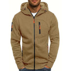 Men's hooded zip-up hoodie with long sleeves and multiple zipped pockets