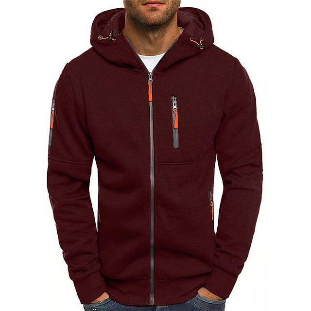 Men's hooded zip-up hoodie with long sleeves and multiple zipped pockets