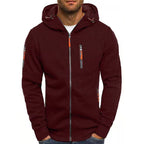 Men's hooded zip-up hoodie with long sleeves and multiple zipped pockets