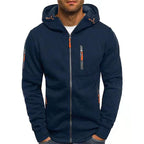 Men's hooded zip-up hoodie with long sleeves and multiple zipped pockets