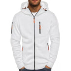Men's hooded zip-up hoodie with long sleeves and multiple zipped pockets