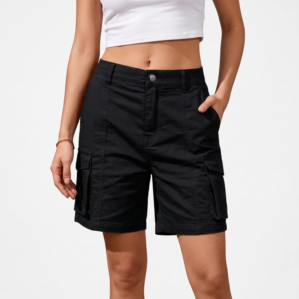 Kargen  - Women's Relaxed Fit Black Cargo Shorts Carrying Daily Essentials