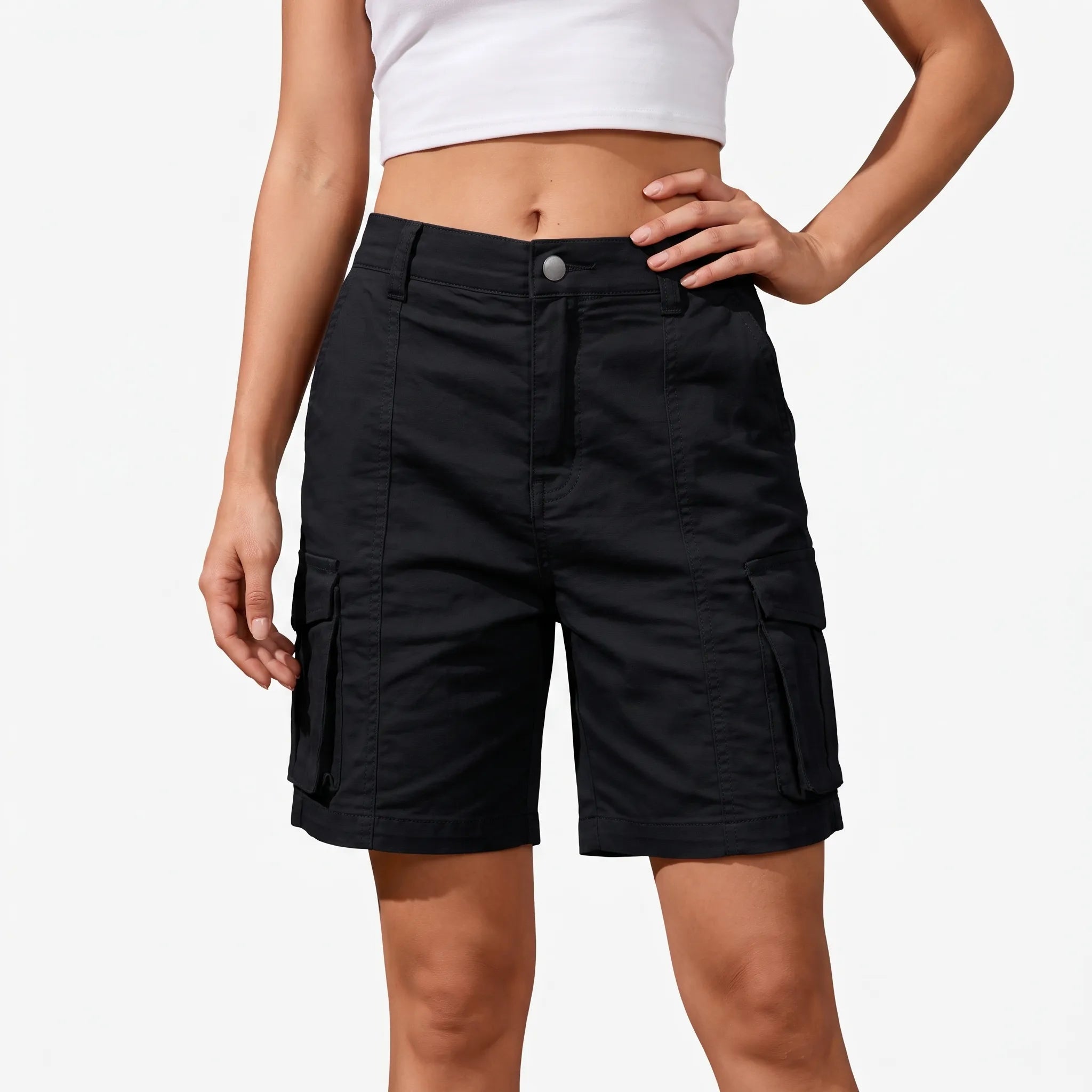 Kargen  - Women's Relaxed Fit Black Cargo Shorts Carrying Daily Essentials
