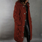 Women's long cable knit hooded coat with button fastening