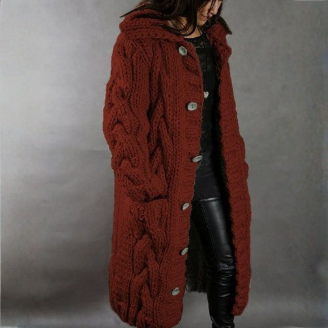 Women's long cable knit hooded coat with button fastening