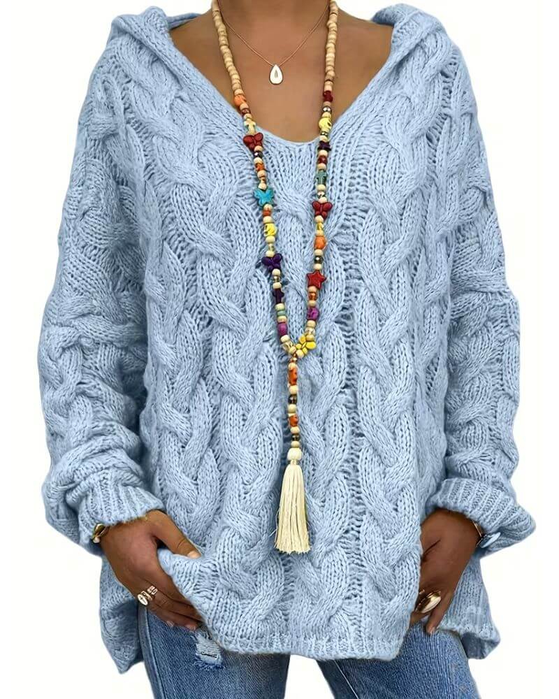 Women's hooded cable knit jumper with long sleeves and ribbed trims