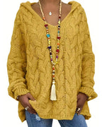 Women's hooded cable knit jumper with long sleeves and ribbed trims
