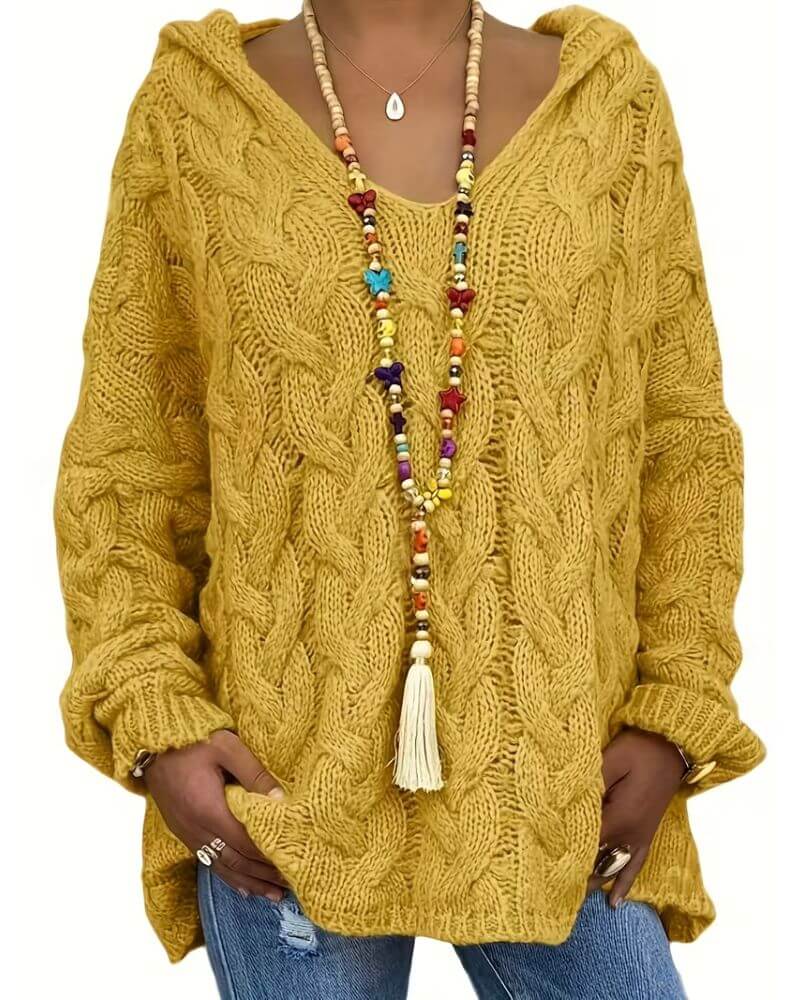 Women's hooded cable knit jumper with long sleeves and ribbed trims