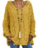 Women's hooded cable knit jumper with long sleeves and ribbed trims