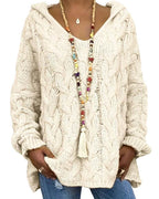 Women's hooded cable knit jumper with long sleeves and ribbed trims