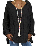 Women's hooded cable knit jumper with long sleeves and ribbed trims