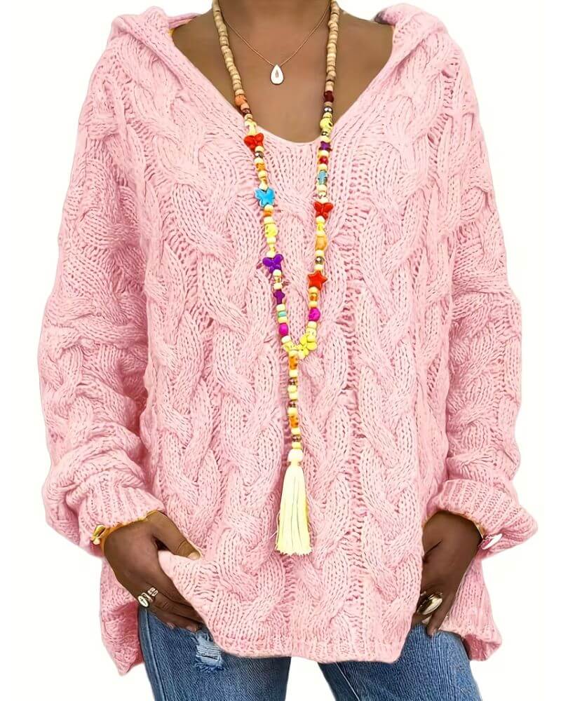 Women's hooded cable knit jumper with long sleeves and ribbed trims