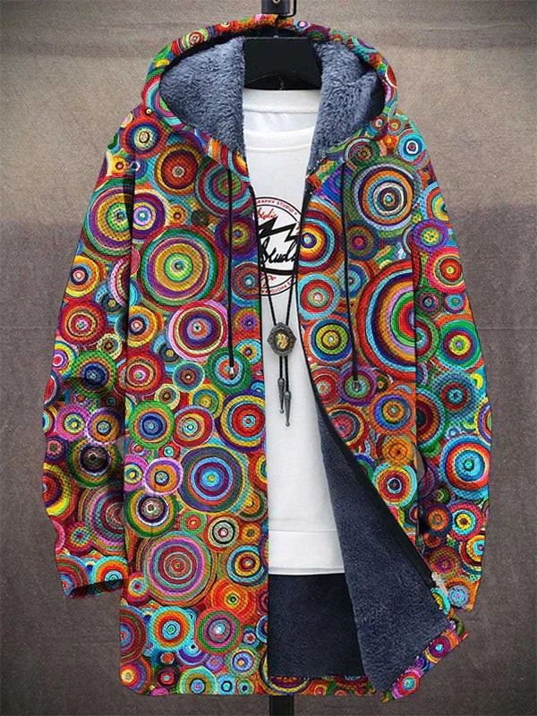 Unisex multicolour longline hooded cardigan with circular pattern