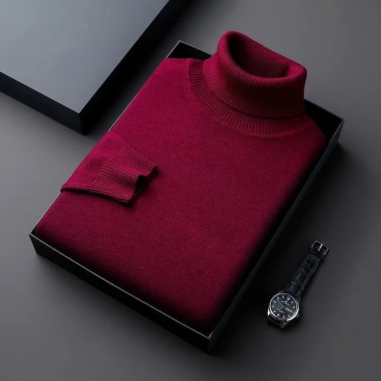 Men's plain turtleneck sweater with ribbed collar and cuffs in a presentation box