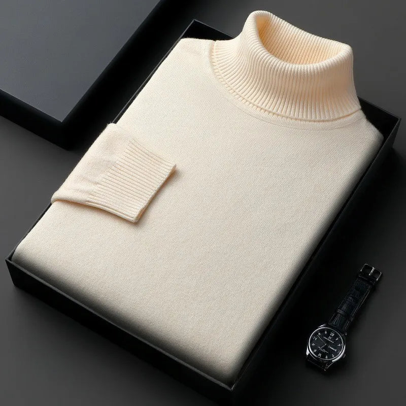 Men's plain turtleneck sweater with ribbed collar and cuffs in a presentation box