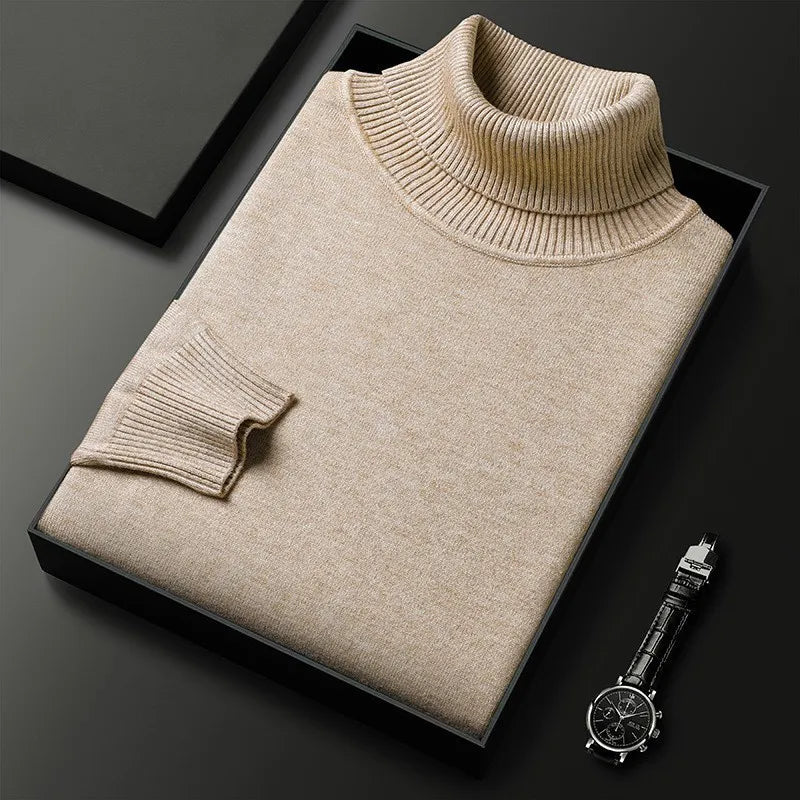Men's plain turtleneck sweater with ribbed collar and cuffs in a presentation box